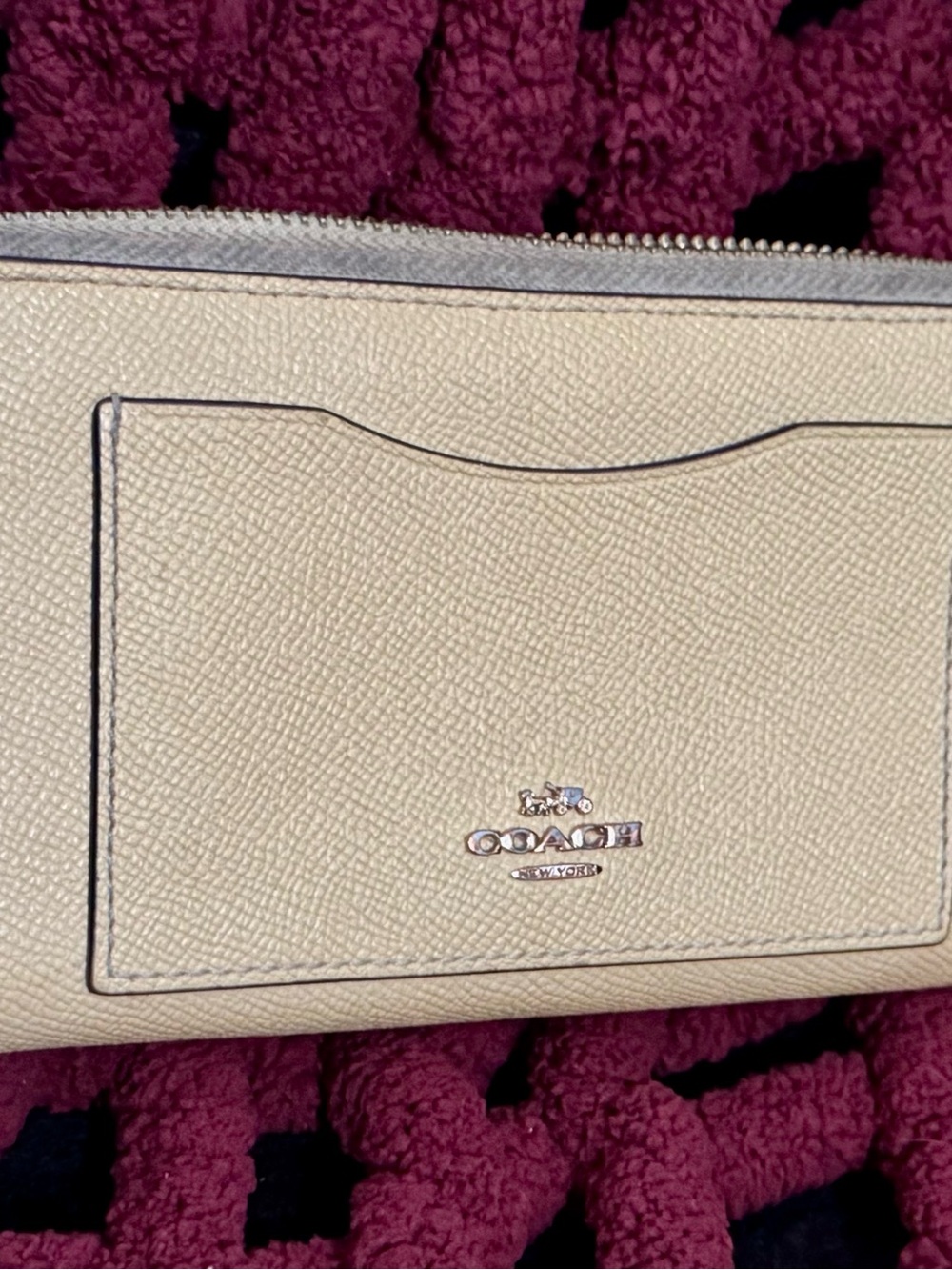 Coach Cream Saffiano Leather Zip Card Wallet with Silver Logo